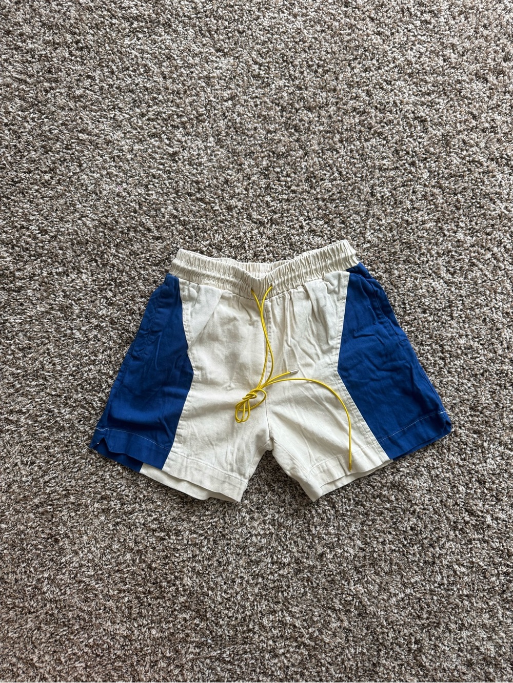 MNML Blue and Cream Colorblock Athletic Shorts with Yellow Drawstring